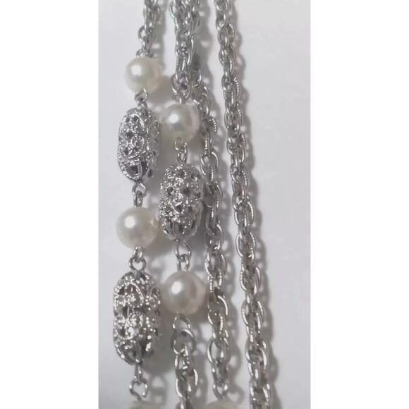 Sarah Coventry Silvertone Necklace Intermittent Faux Pearl And Filigree Beads - Picture 5 of 8